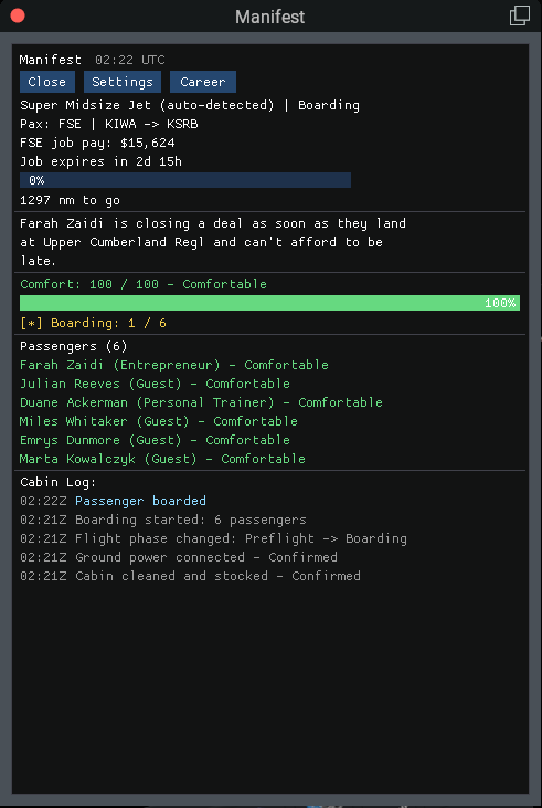Manifest panel during boarding showing the FSE route, job pay and expiry, a passenger story, comfort at 100 percent, and a list of six passengers with their roles.
