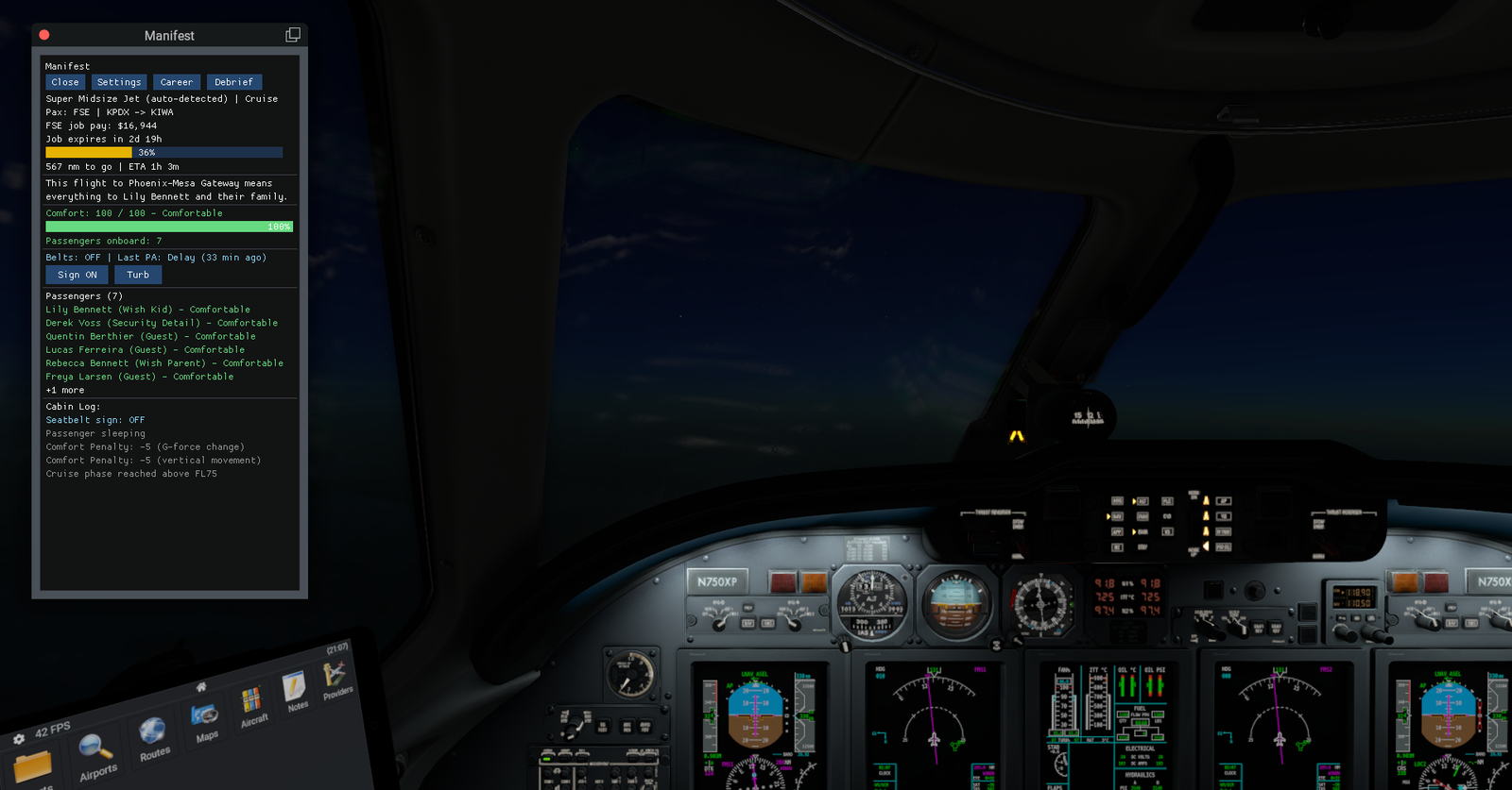 Manifest panel over a Citation X cockpit at night in cruise, showing route KPDX to KIWA, FSE job pay, job expiry countdown, a 36 percent progress bar with 567 nautical miles to go and ETA, 7 comfortable passengers, seatbelt sign status, last PA announcement, and the cabin log.