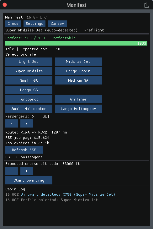 Manifest preflight screen with an FSEconomy route KIWA to KSRB at 1297 nautical miles, FSE job pay of $15,624, a job expiry countdown, and 6 passengers detected from the FSE job.