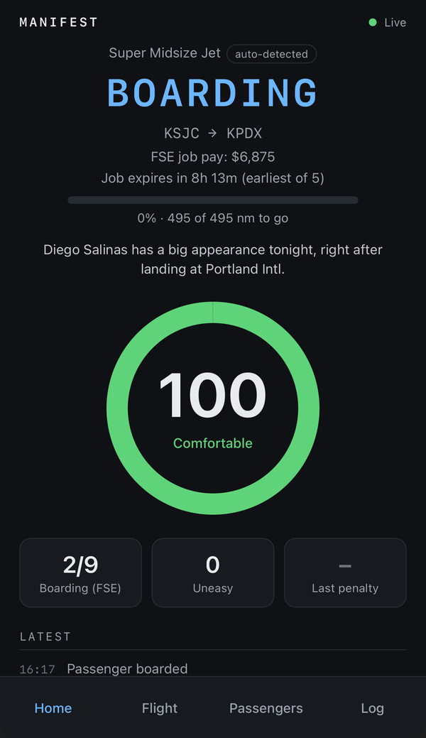 Manifest phone view home screen during boarding showing the route, FSE job pay, expiry countdown, a 100 comfort ring, and boarding progress.