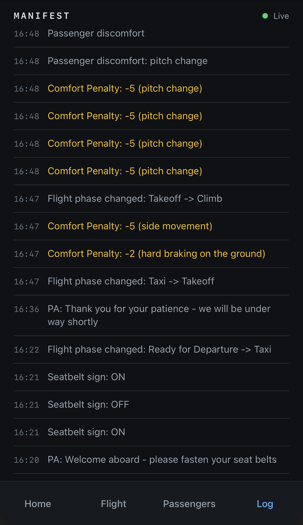 Manifest phone view cabin log with timestamped PA announcements, seatbelt sign changes, flight phase changes, and comfort penalties.