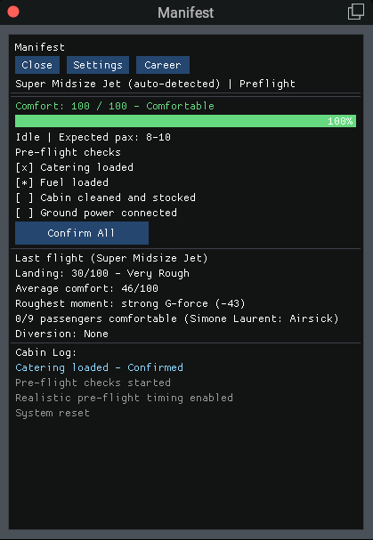 Manifest preflight checklist with catering loaded, fuel loaded, cabin cleaned and stocked, and ground power connected, alongside a Confirm All button, during realistic pre-flight timing.