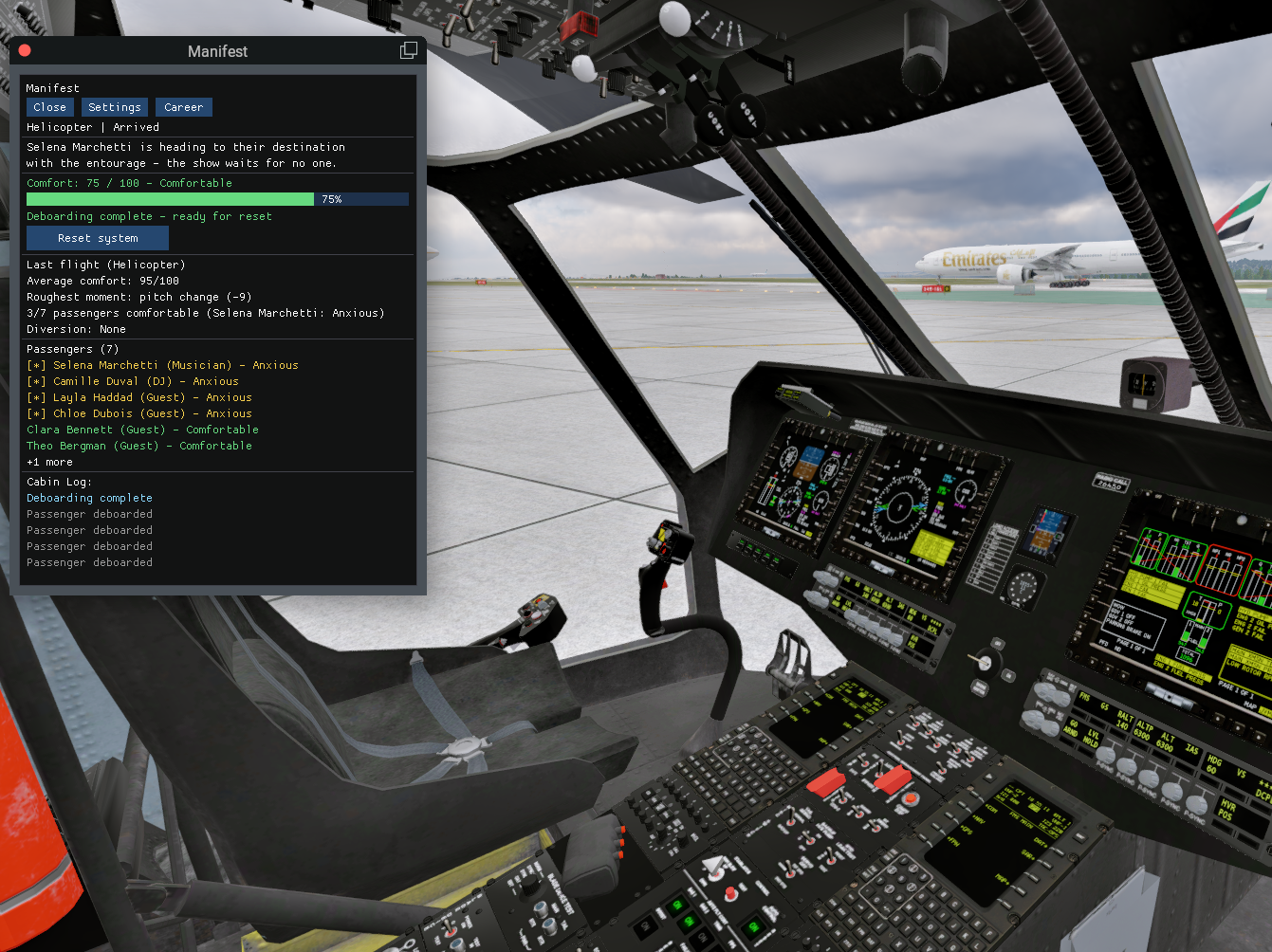 Manifest panel in a helicopter cockpit after arrival, showing 7 passengers deboarded, comfort at 75/100, and a debrief noting average comfort of 95/100 for the flight.