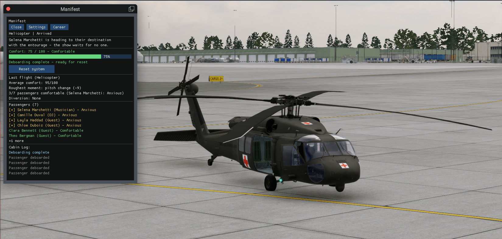 Manifest panel over an exterior view of a military helicopter on the ramp after arrival, with the same deboarding summary.