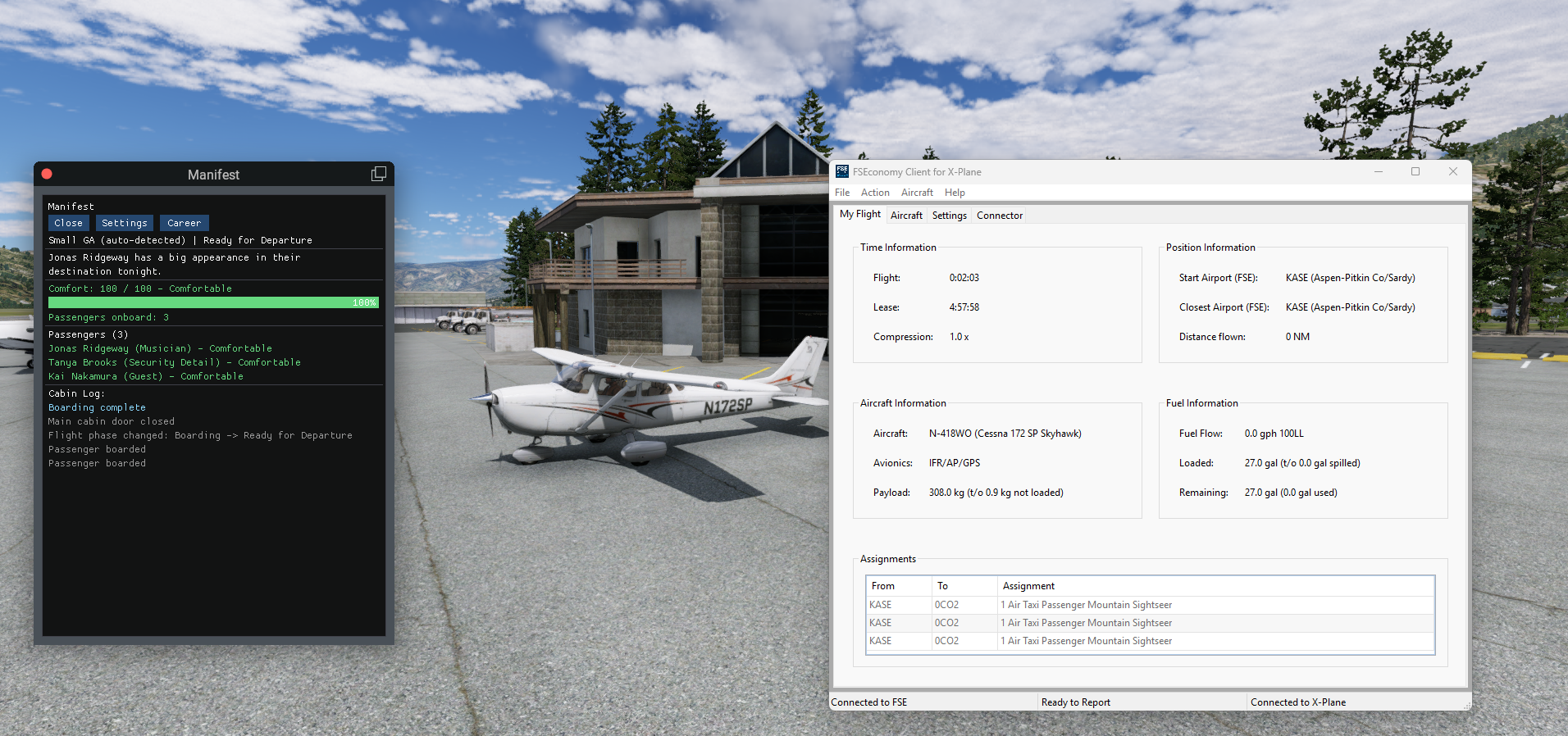 Manifest panel showing 3 comfortable passengers boarded on a Cessna 172, running alongside the FSEconomy client for X-Plane showing an assigned air taxi passenger flight from KASE to 0CO2.